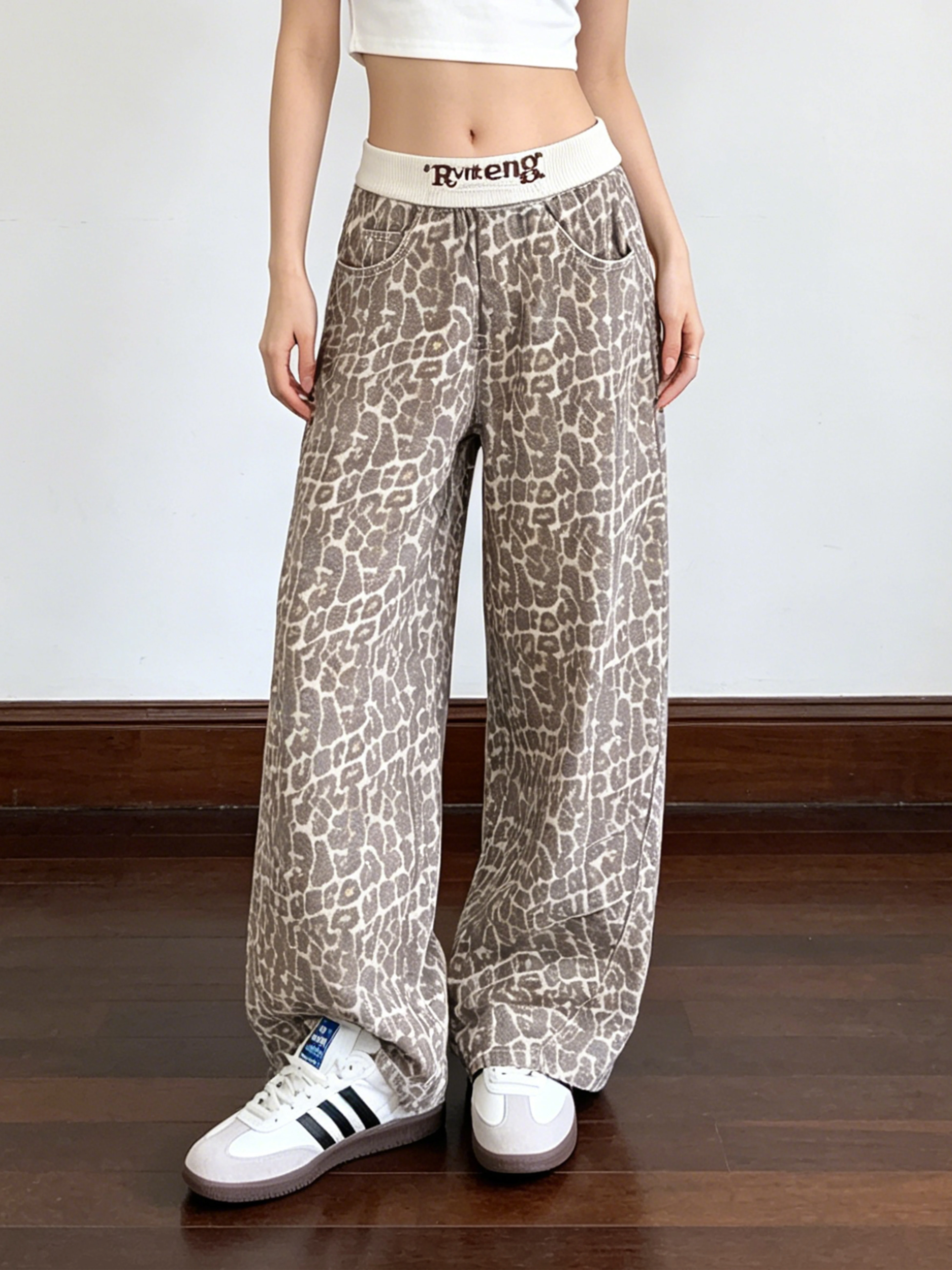 Retro American Leopard Print Embroidery Lettering Women's Casual Pants High Waist Wide Leg Cotton Trousers for Young Girls