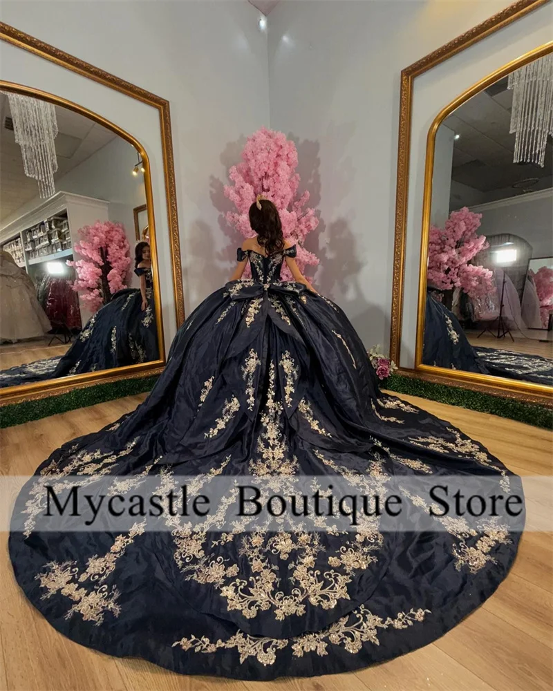 

Mexico Navy Blue Beaded Quinceanera Dress Ball Gown 2025 With Bow Gold Beaded Lace Appliques Birthday Sweet 16 Dress Customized