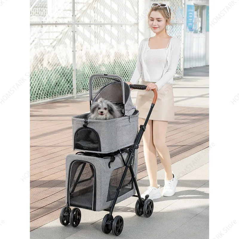 Double Layer Pet Stroller, Lightweight Foldable Detachable Trolley, Separable Pet Cage for Dogs Cats Outdoor Travel