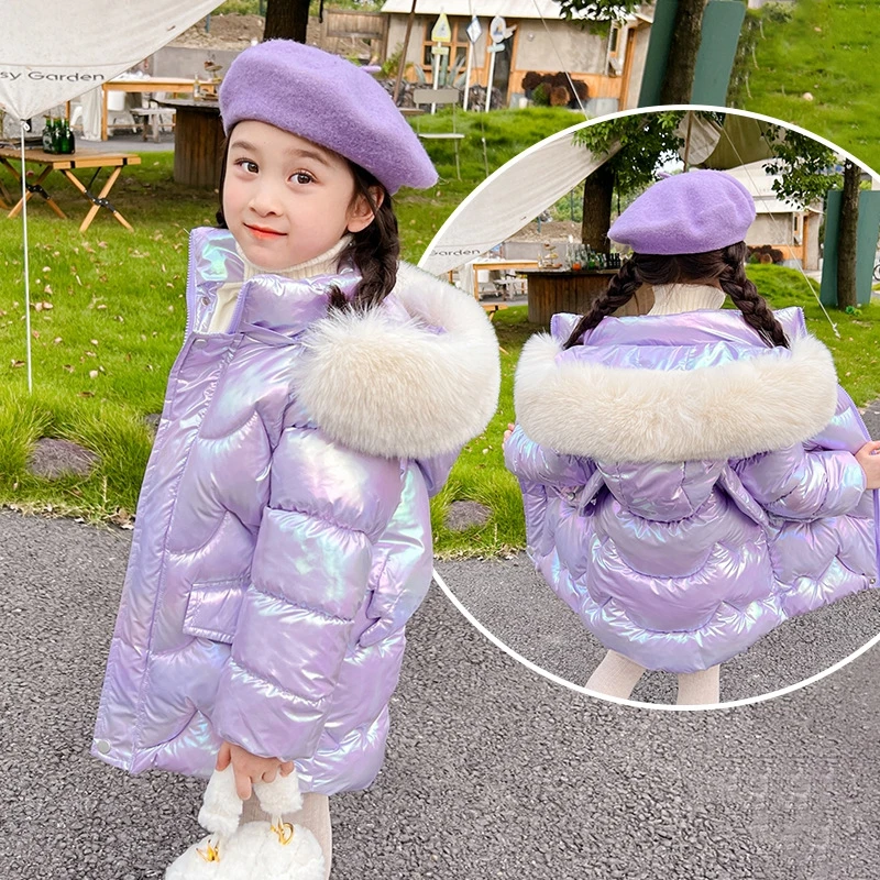-30℃ Winter Long Girls Jacket Glossy Waterproof Lining Plush Thick Warm Windbreaker For 4-12Y Teen Kids Cotton Fashion Parkas 4