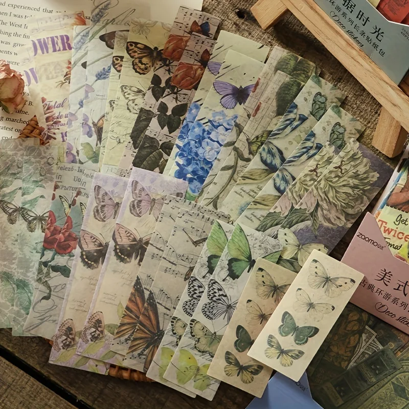 40pcs/pack Vintage Plant Butterfly Long Strip Sticker Pack Decorative Junk Journal Diary Album Labels Washi Sticker,DIY material