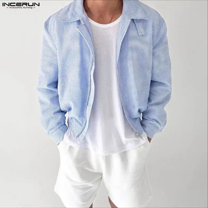 

INCERUN Men Striped Jackets Lapel Long Sleeve Zipper Casual Male Thin Coats Streetwear Loose Spring Autumn Fashion Jackets Men