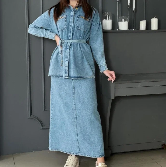 Set di abiti in Denim logoro lavato stile Casual 2024 primavera e l\'estate nuove tasche a maniche lunghe gonna Set temperamento pendolarismo