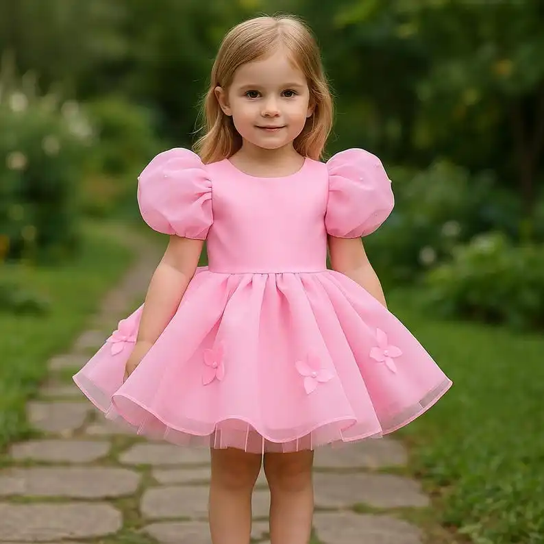 

Flower Girls Dress Pink Butterfly Tulle Dress: Rose Detailed Puffy Sleeves Dress, Pearl Bow, Baby Girl Gift for Wedding Party