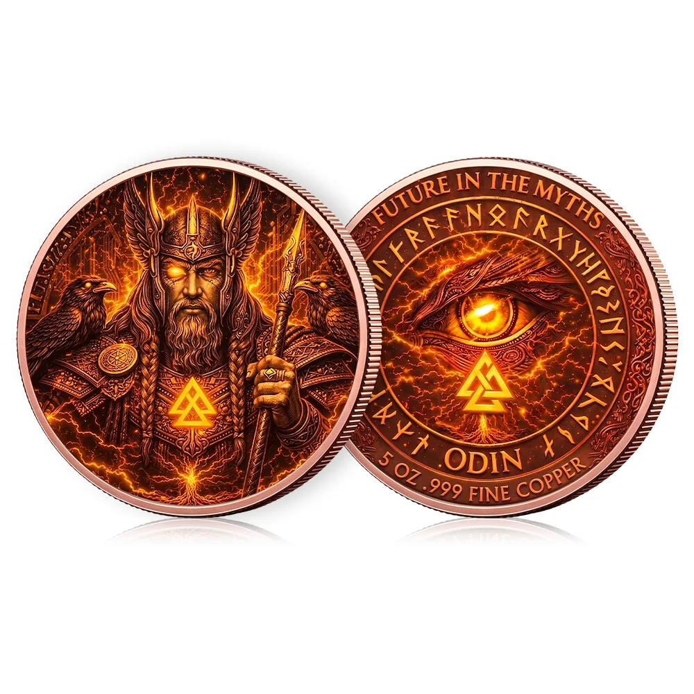 Norse Mythology Odin Viking Copper Coin 1 OZ .999 Fine Copper Glow Effect Fire Lightning High Relief Coin Collectible Souvenir