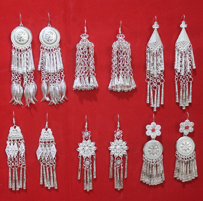 Miao Silver Earrings Hmong Jewelry Festival Accessories Hyperbole Tassel