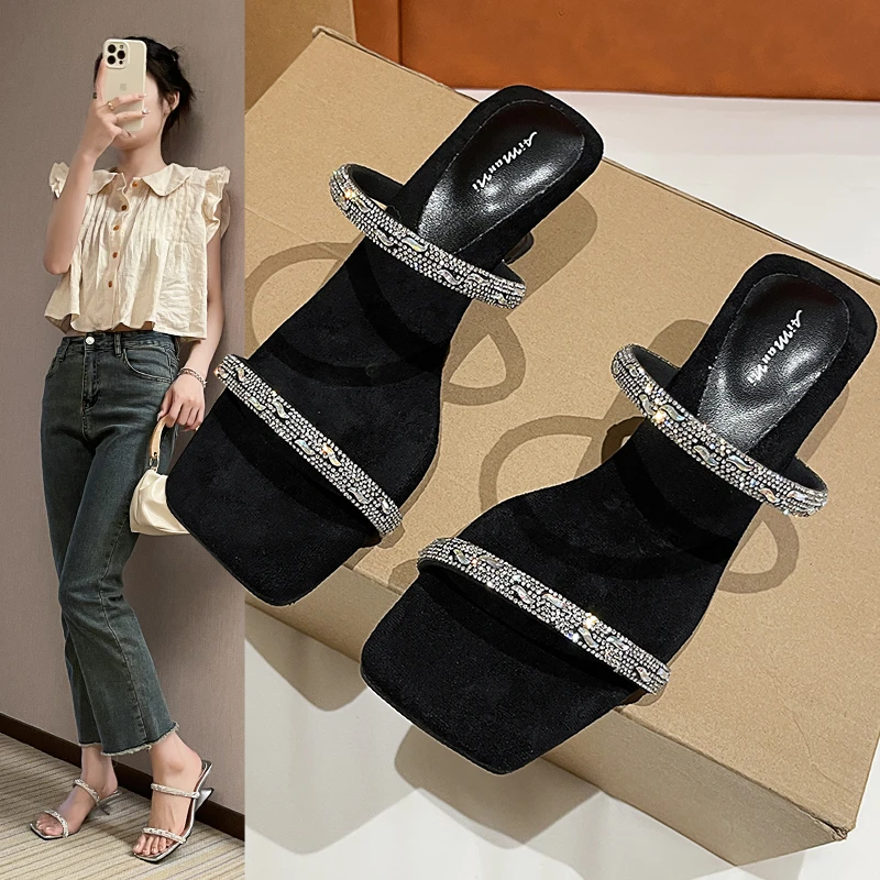 2024 New Designer Summer Square Toe Women Slippers Fashion Crystal Narrow Band Slides Outdoor Casual Dress Heel Office Lady