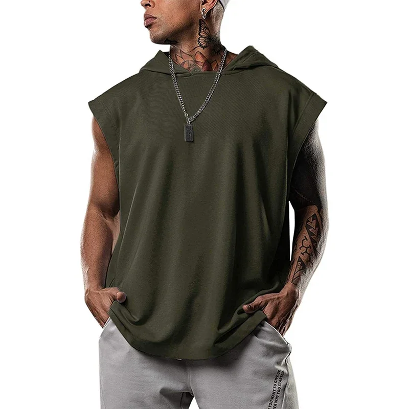 Summer Casual Sports Style Sleeveless Hooded T-Shirt Men Loose Tops Male Solid Color Youth Campus Tees Trend Street Hip Hop Wear