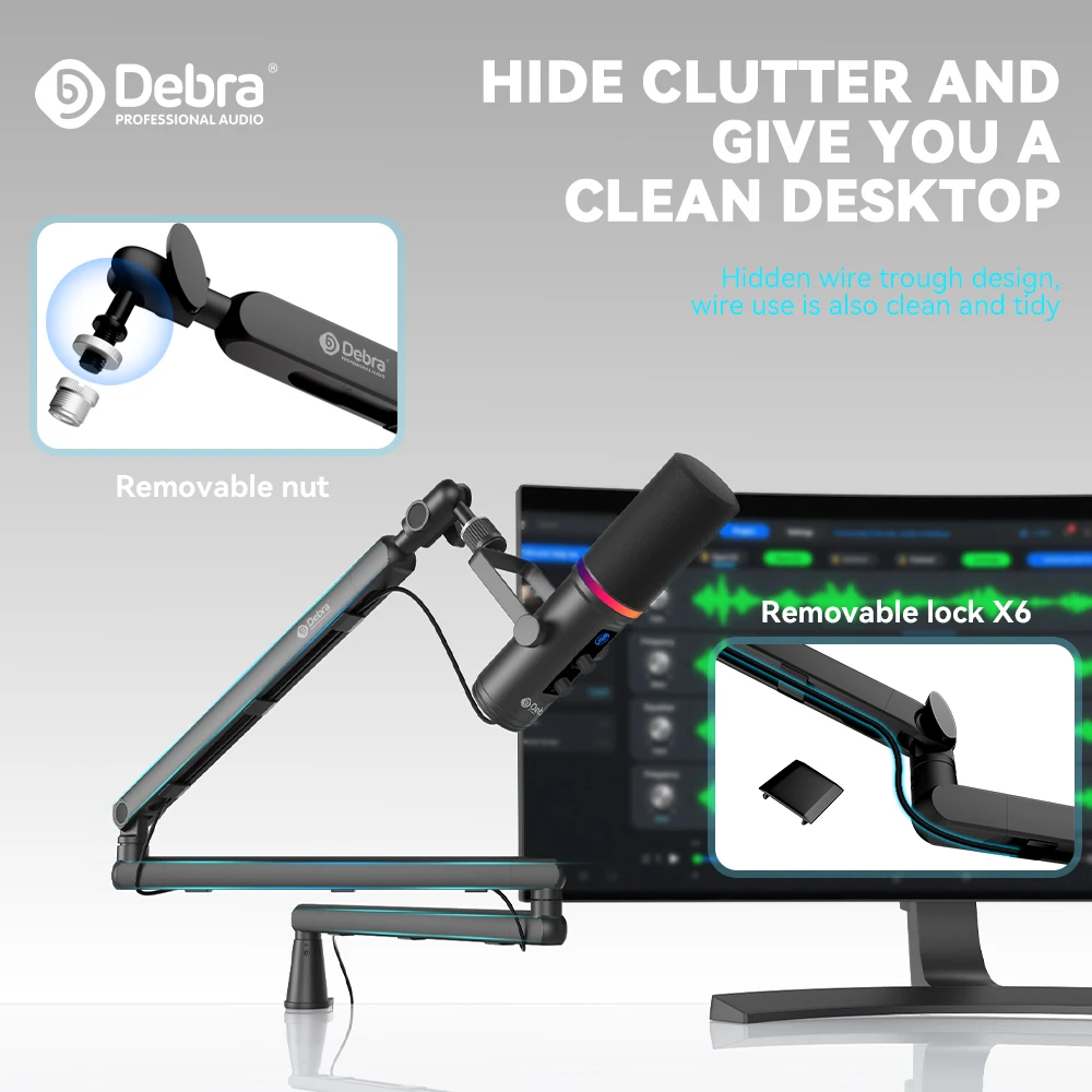 Debra W-02 Professional Microphone Low Profile Cantilever Stand for Desktop PC Mobile Gaming Live Recording Low Profile Stand