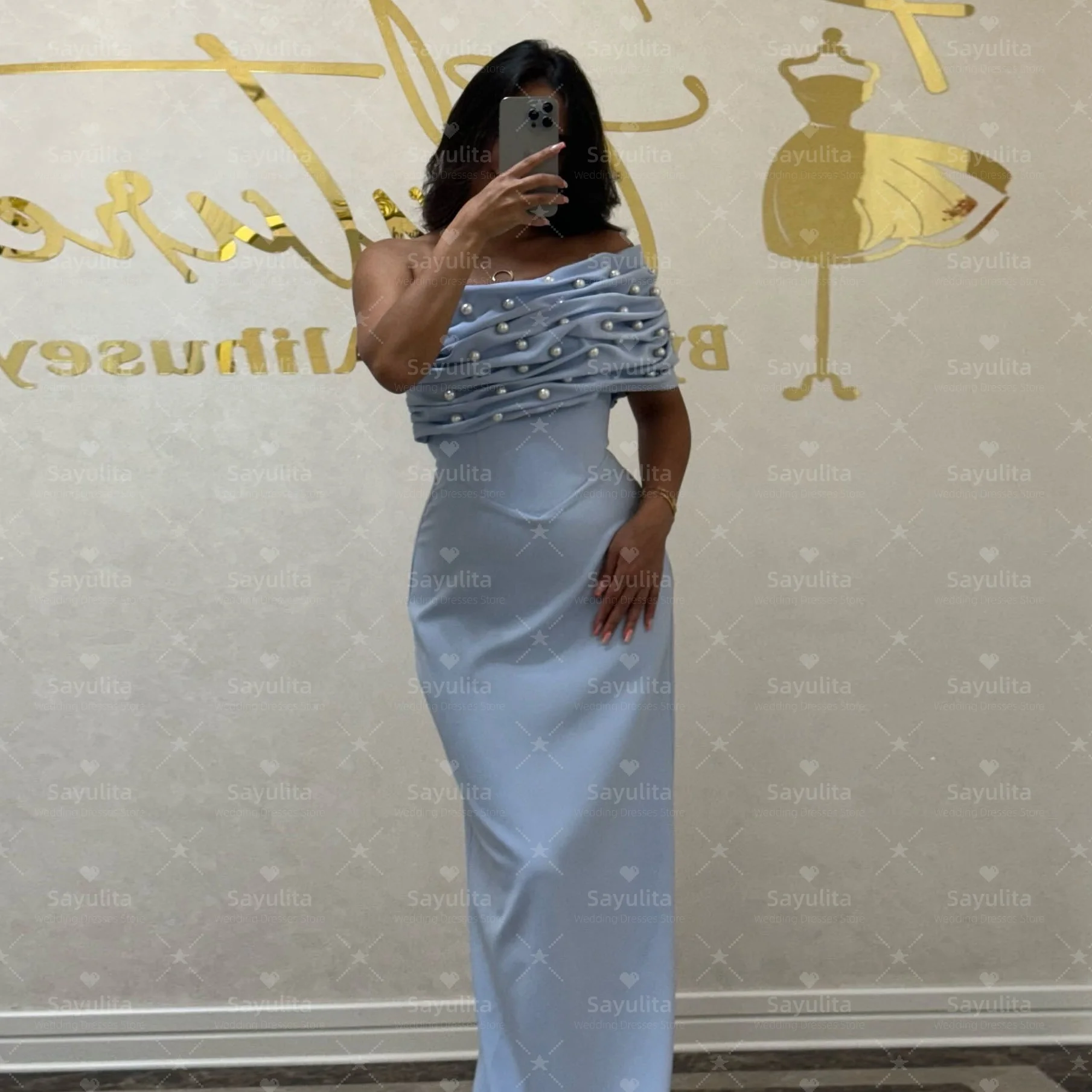 Sayulita 진주 장식이 있는 댄스 파티 드레스 결혼식을 위한 주름진 원 숄더 신부 들러리 드레스 섹시한 백 이브닝 파티 가운 맞춤형