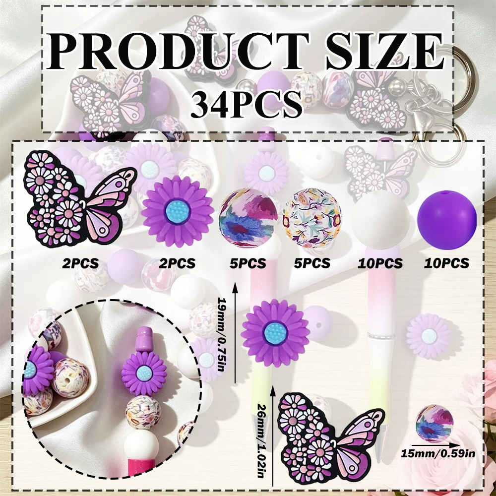 33/34/58-teiliges Set mit Silikonperlen in Form von Blumen und Schmetterlingen, zum Basteln von Halsketten, Armbändern, zur Dekoration von Stiften, Schmuckanhängern usw. Geburtstagsgeschenk für die Feiertage – Detail 8