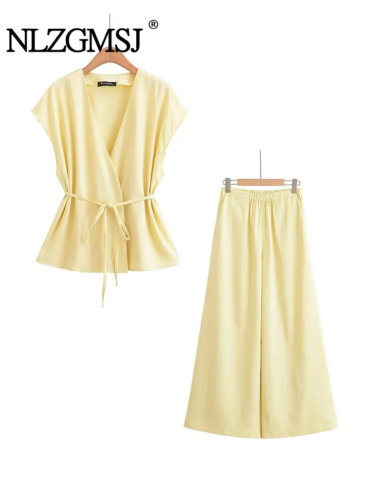 

NLZGMSJ Women's Casual Suit Solid V-Neck Lace-up Sleeveless Vest Long Straight Zipper Pants Fashion Set