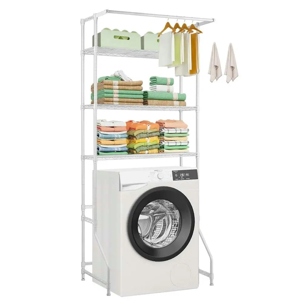 

Over The Washer Dryer Storage Organizer 3 Tier Laundry Room Shelf with Hanger Rod and Hooks Adjustable Space Saver White