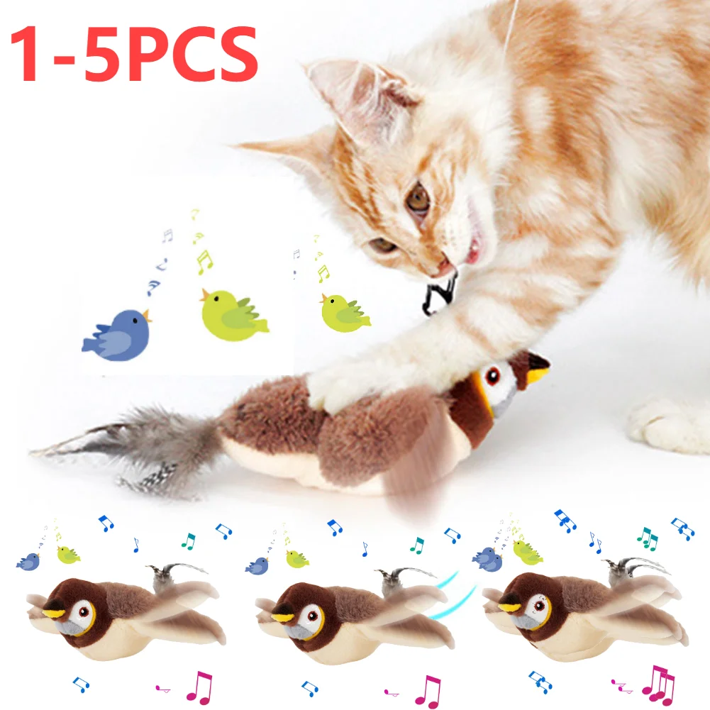 1-5PCS Interactive Cat Toys Flying Bird Cat Toy Flapping Wings Sparrow Catnip Toys Vivid Chirpi]ng Simulation Bird Pet Toy Doll