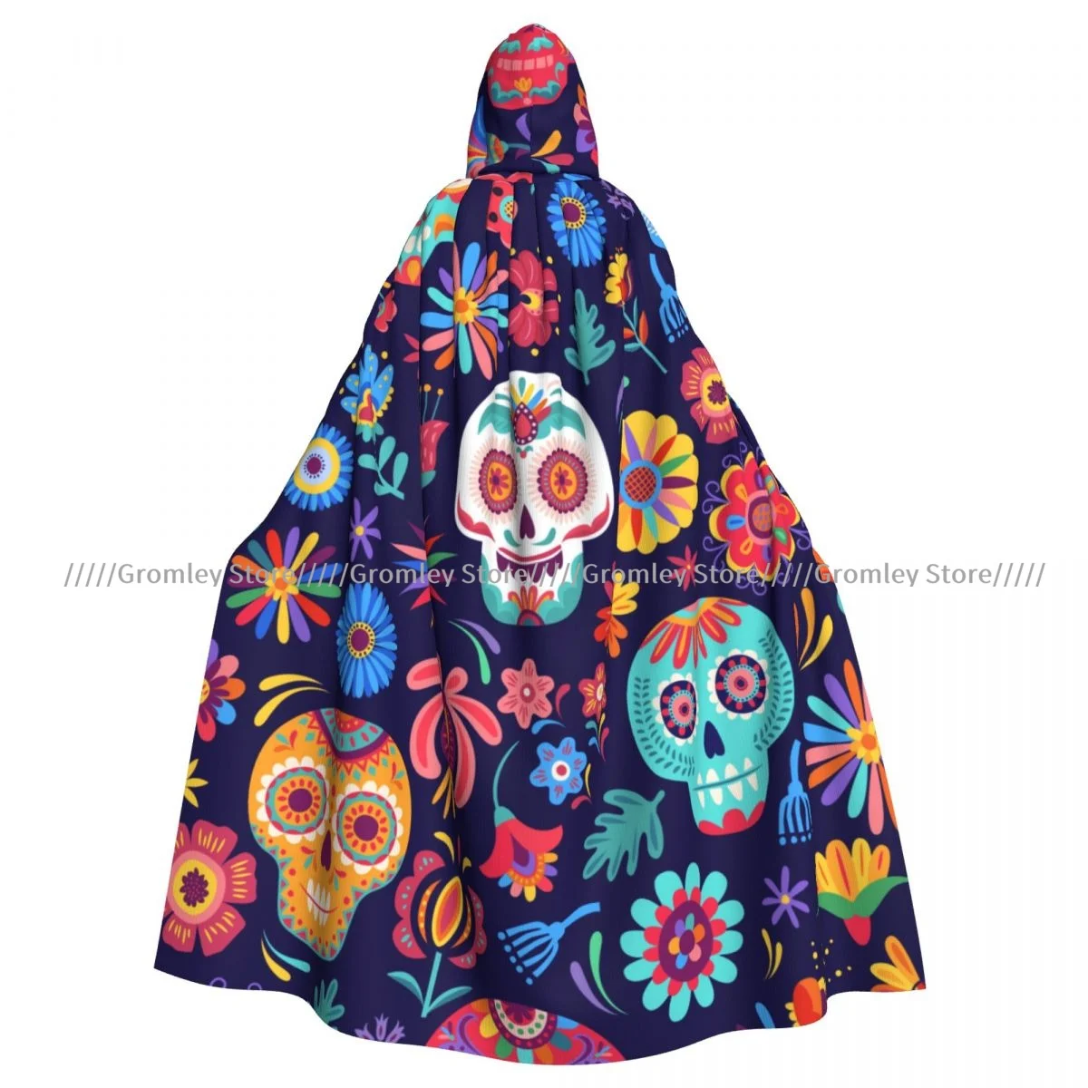 Unisex Halloween Cloak Mexican Sugar Skulls Day Of The Dead Cape Hooded Medieval Costume Witch Wicca Vampire