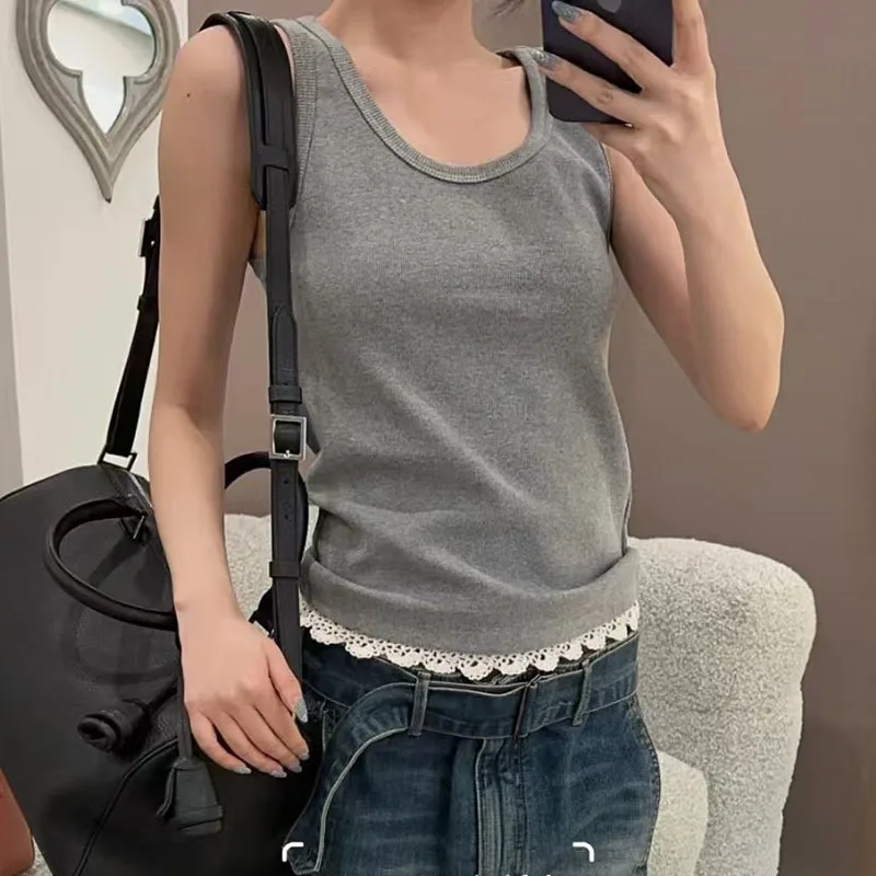 

Кружевной лоскутный универсальный вязаный топ без рукавов, лето 202, ретро, U-образный вырез, тонкий кружевной нитью, внутренний слой с базовым жилетом