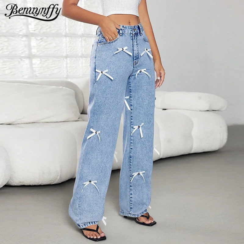 

Benuynffy American Vintage Bow Straight Leg Jeans Women's Y2K Mid Waisted Baggy Jeans Streetwear Loose Wide Leg Denim Pants