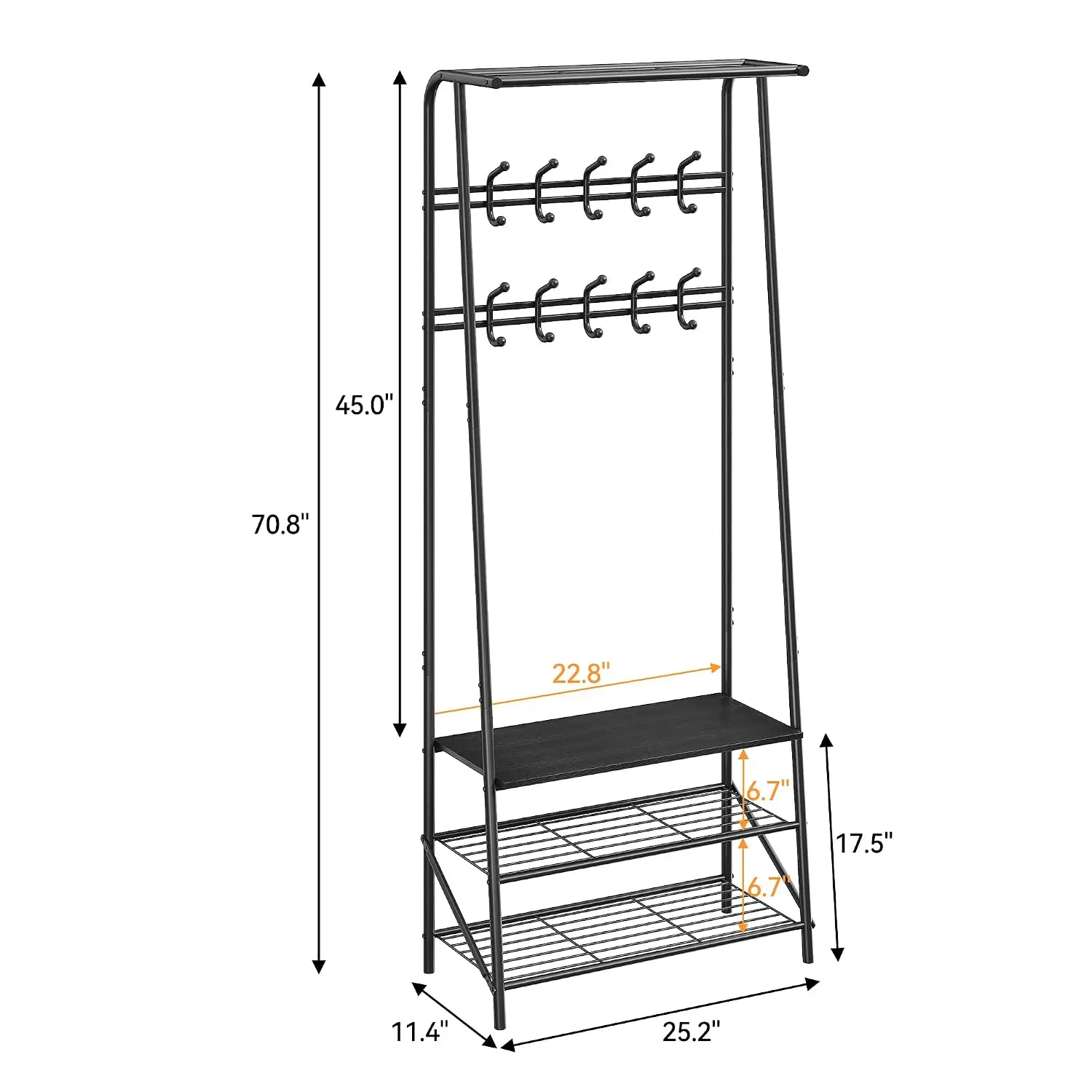 Hall Tree Coat Rack Shoe Storage Bench, 10 Hooks & 3-Tier Shoe Rack, Freestanding Metal Frame for Entryway, Customized