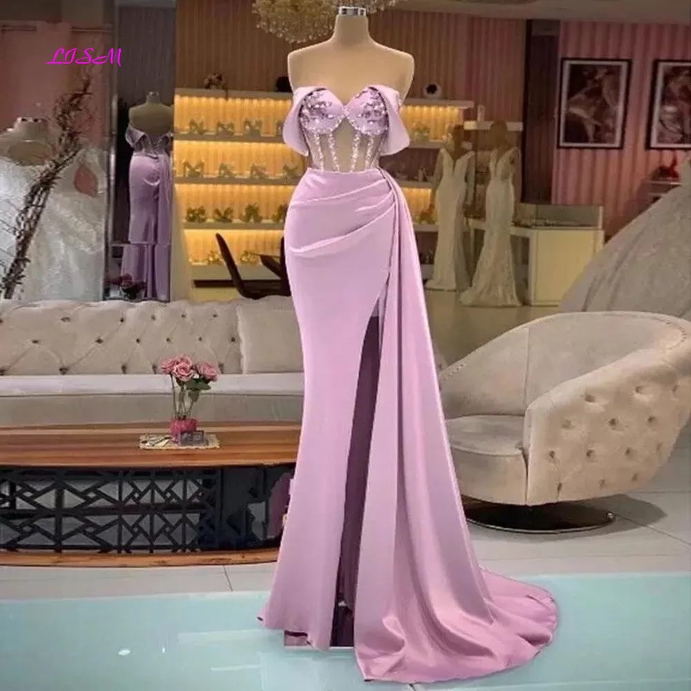 

Light Pink Off Shoulder Pleated Beaded Mermaid Prom Party Dresses Sexy Side Split Evening Formal Gowns for Women Pageant Dress