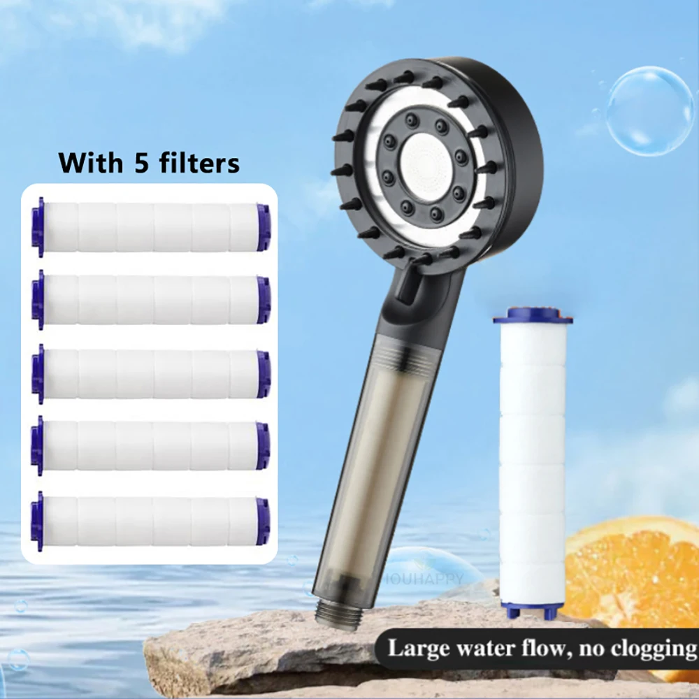 5 Modes Filter Shower Head, Built-in Purify Filter, Anti-Clog Panel, Massage Nozzles, High Pressure Flow Home Bathroom Shower