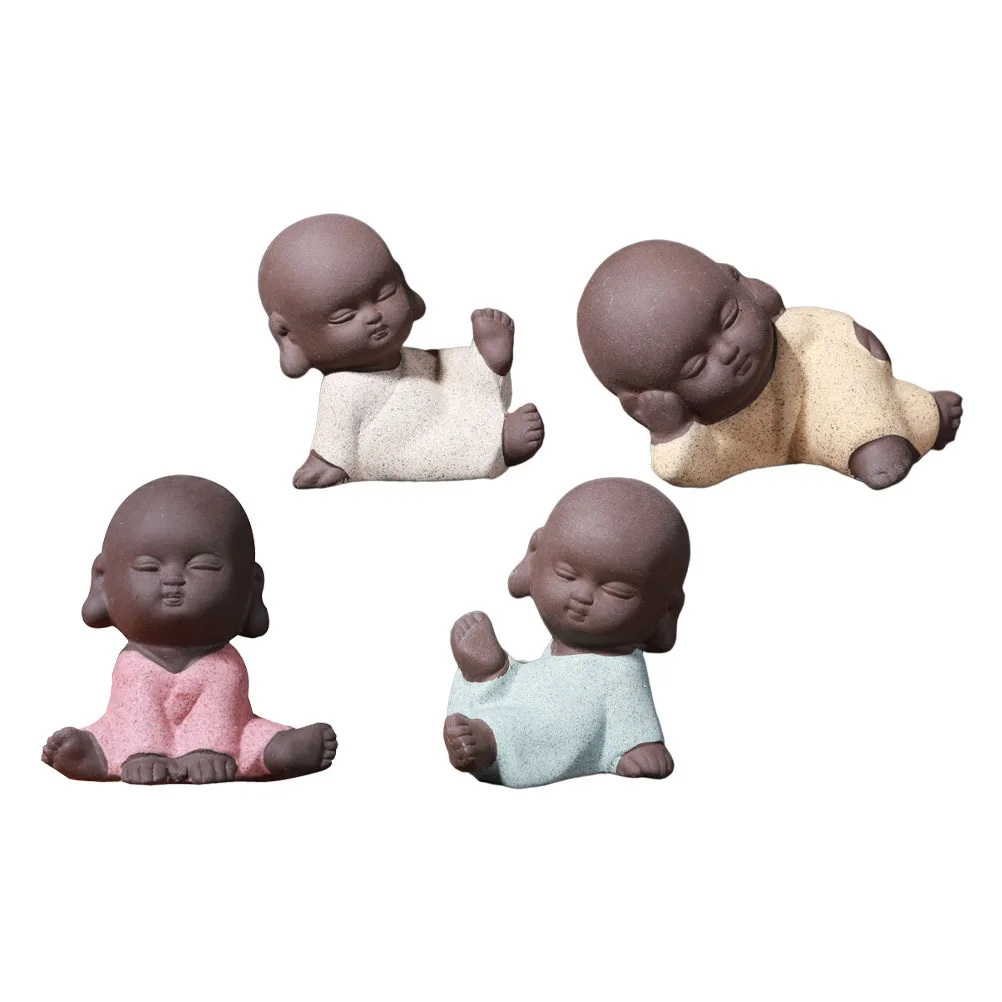 

4Pcs Lovely Monk Tea Pet Decorations Small Purple Clay Mini Zen Style for Tea House Office Mini Monk Decorations