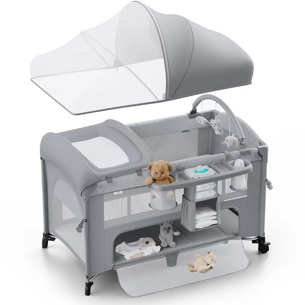

4 in 1 Baby Bassinet, Pack and Play, Bede Crib Sleeper, Diaper Changer - Comes with Mattr, Mosquito Net，Bottom Storage and Toy B
