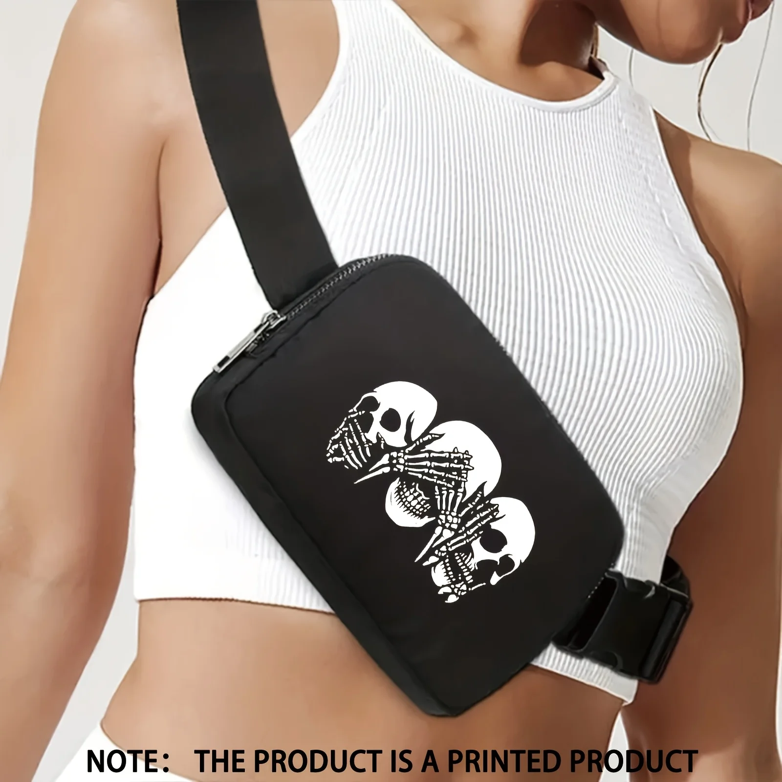 

Black Stylish Minimalist Versatile Skull Pattern Print Waist Bag with Adjustable Shoulder Strap, gifts for Trendy Outdoor Sports