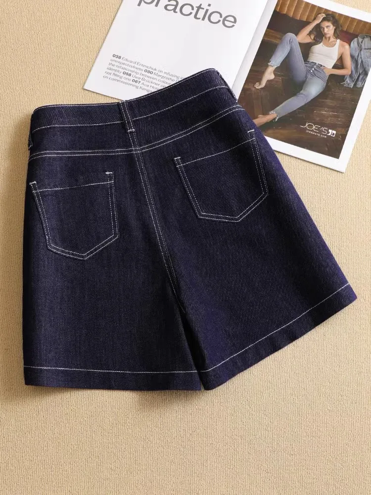 Deep Blue Denim Short Pants Women's Spring Autumn High Waist Loose A-Line Five-Pointed Pants Trendy Casual High Waist Jeans