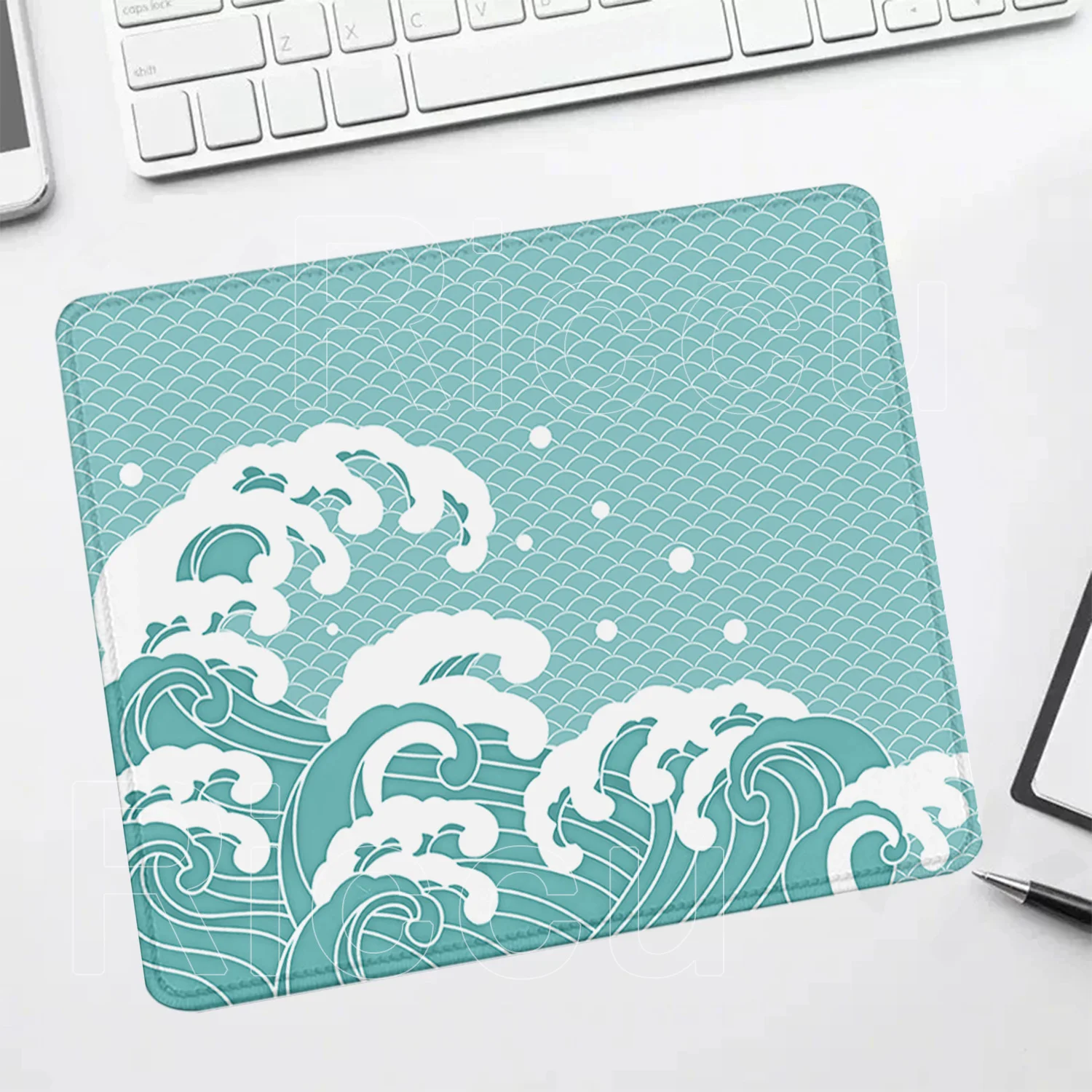 Ukiyo-e style light blue Sea Kawaii small Size Mouse Pad Rubber Gaming Keyboard Office accessories HD Printing overlock Desk Mat