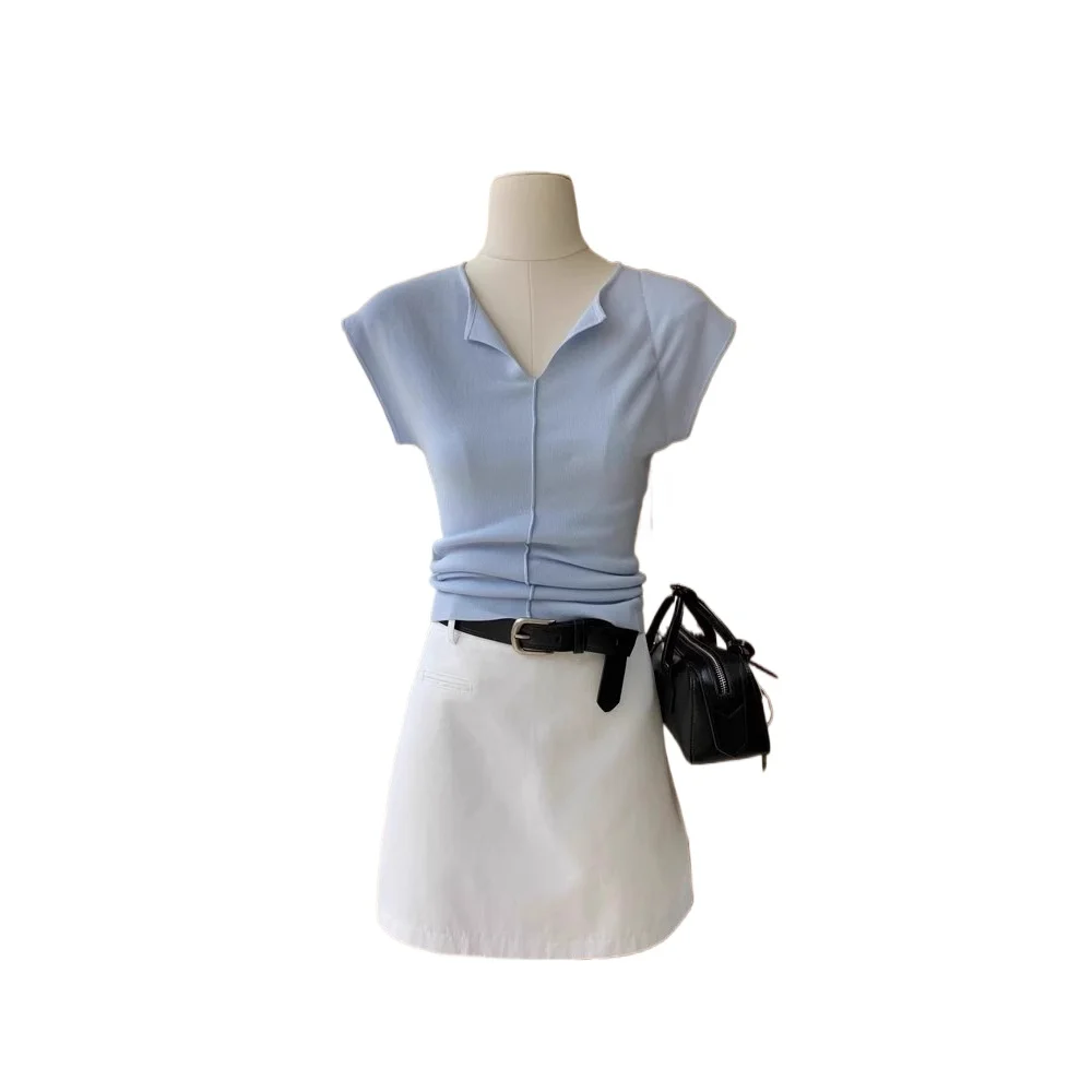 2026 Spring and Summer New Cool Feeling Waist and Thin Half-open V-neck Knitted Sweater Fashionable Small Fly Sleeve Slim Top