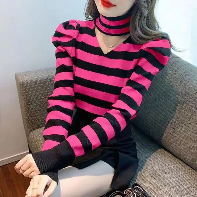 Women Trendy Hollow Striped Half High Collar Basic Knitwears Autumn Winter Korean Long Sleeve Slim Pullover Tops Casual Jumpers