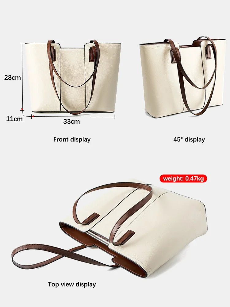 Zency New Genuine Leather Women\'s Large Tote Bag Handbag Classic Shopper Pocket Beige Purse For Commuters