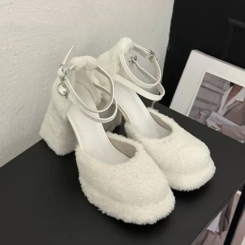 

Fur Mary Jane Shoes Women's Sexy High Heels Winter Sandals Elegant Chunky Dress Shoes Woman 2026 New Pumps Snow Mujer Zapatos