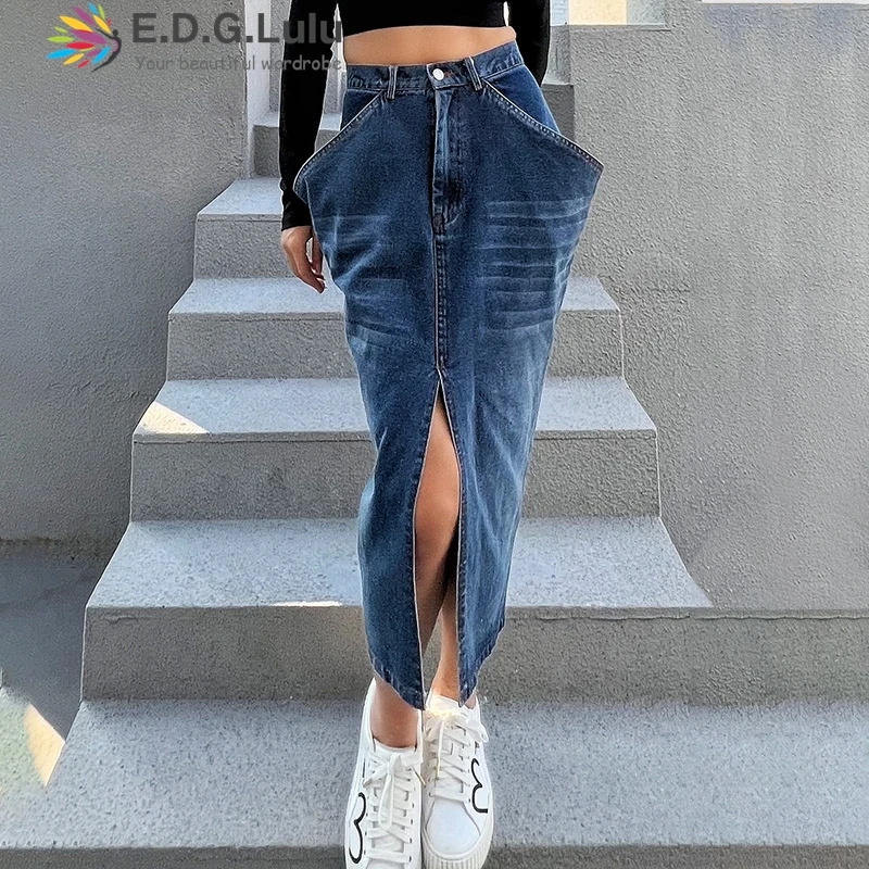 

EDGLuLu 2025 New Arrival Irregular Hem Washed Denim Skirt High Waist With Exaggerated Pockets Side Slit Midi Denim Skirt 0707