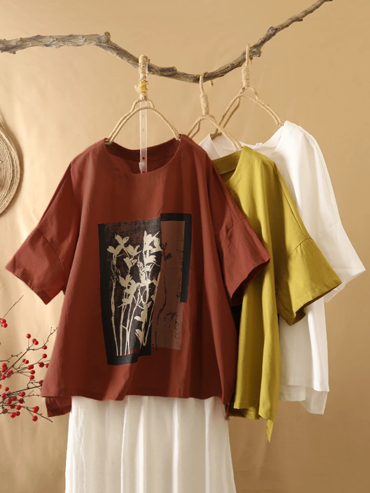 

Женская круглая хлопково-льняная футболка больших размеров с принтом Ne ort Sve, асимметричный повседневный топ, винтажный топ с цветочным принтом для поездок на работу