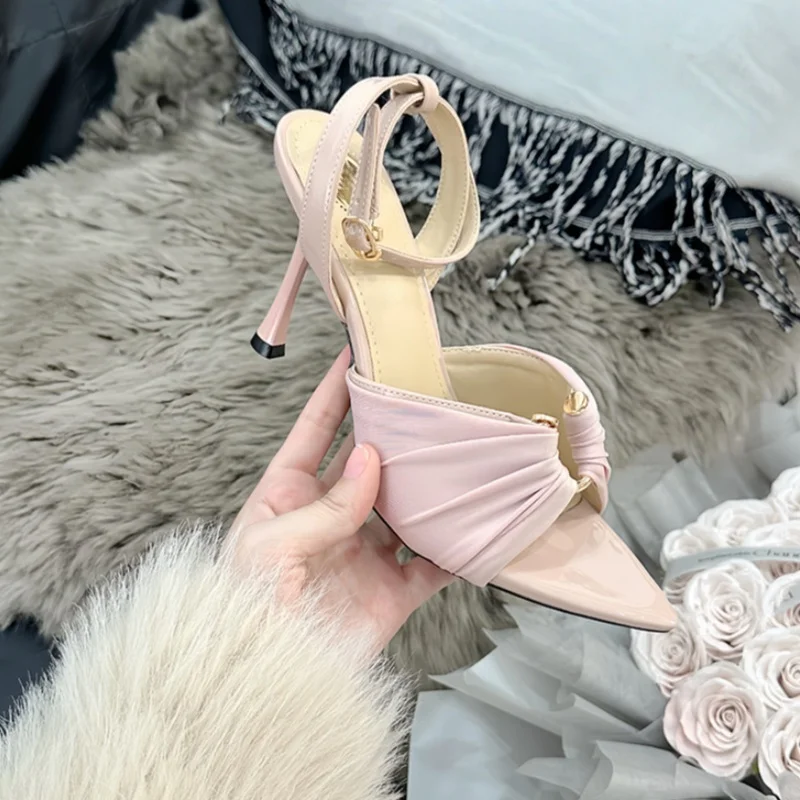 Pink Pleated Pointed Toe Stiletto Sandals Sexy Temperament Strap hHigh Heels Metal Ring Design High Heels Gentle Elegant Sandals