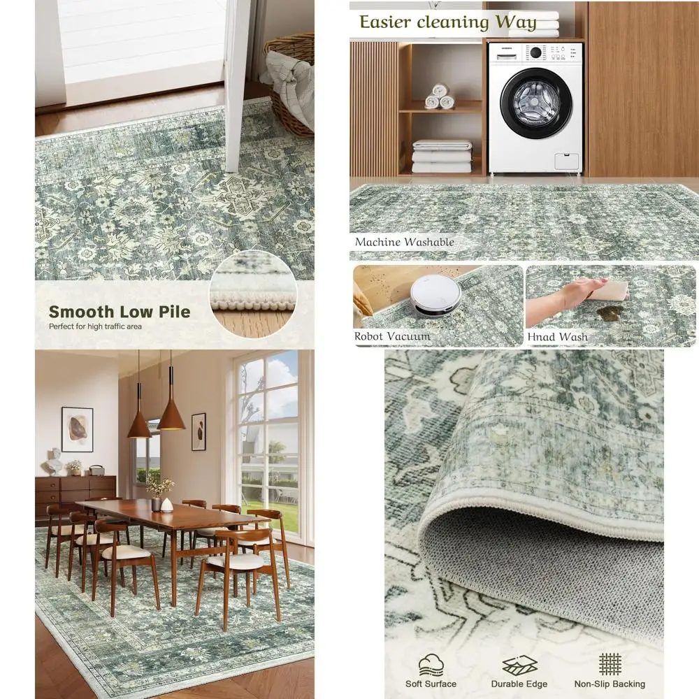 

Vintage Floral 5'x7' Non-Slip Area Rug, Stain Resistant for Living Room, Bedroom, Home & Office Decor, Green