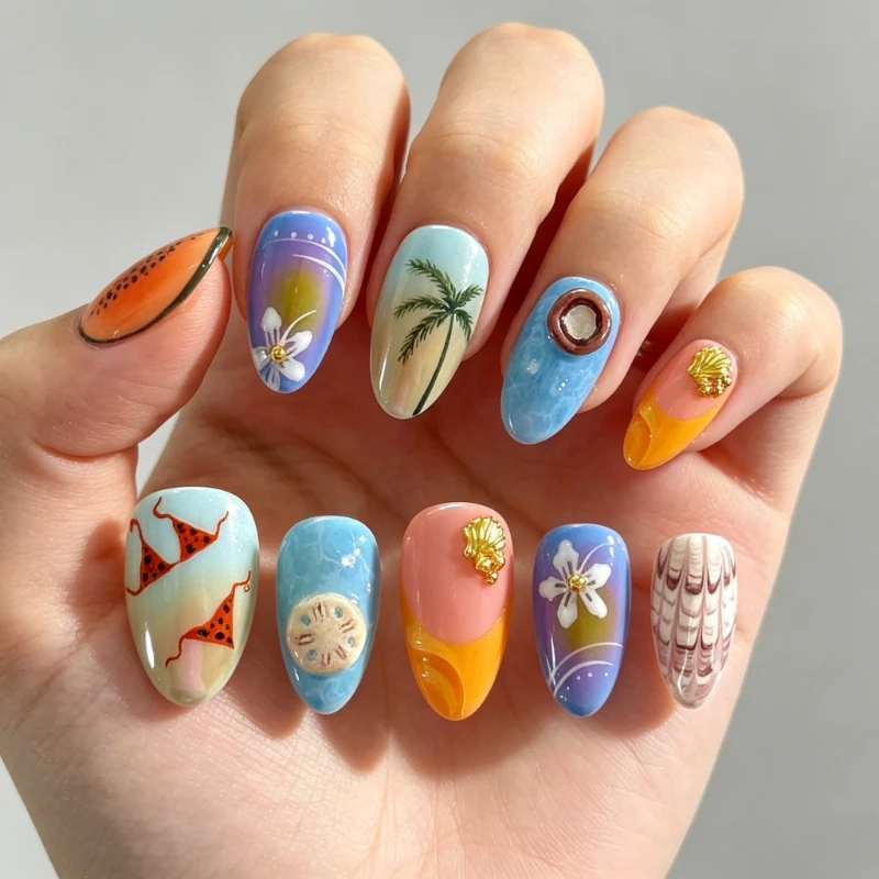 

24PCS Summer Beach Press on Nails Tropical Palm Tree Papaya Bikini False Nails with Shell and Flower Almond Acrylic Nail Tips