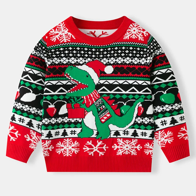 2025 عيد ميلاد سعيد لطيف نمط عيد الميلاد الاطفال ديناصور سترة بلوفر مغزول السنة الجديدة طفل سترة عادية فتاة الصبي سترة