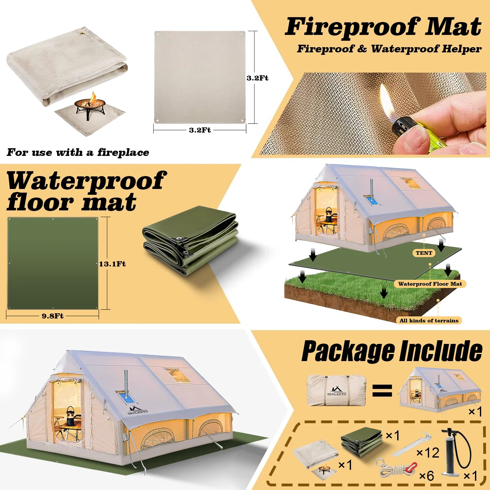 129 Sqft Large Inflatable Tent with Tarp,8 Person Inflatable Camping Tent 4 Season Glamping Tent Fireproof Blanket Blow Up Tent