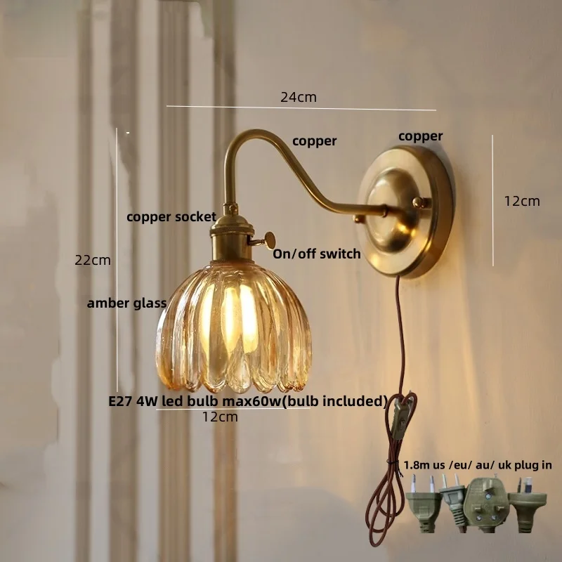 2025 Plug In LED Wall Lights Dining Room Kitchen Nordic Modern Glass Copper Knob Switch Bedside Lamp Sconce Wandlamp Lumina