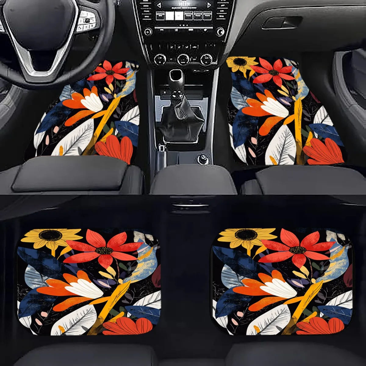 1pc Hkstorage Modern Geometric Floral Abstract Sunflower And Lily Printed Non-Deformable Car Mats - Durable, Aesthetic And Funct