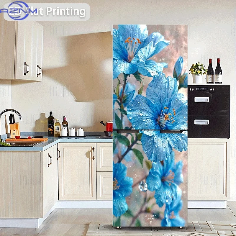 2D Printed 2D Graphic Design Refrigerator Sticker 60x180cm Blue Flowers with Water Droplets, Self-Adhesive Wall Decal Wallpape