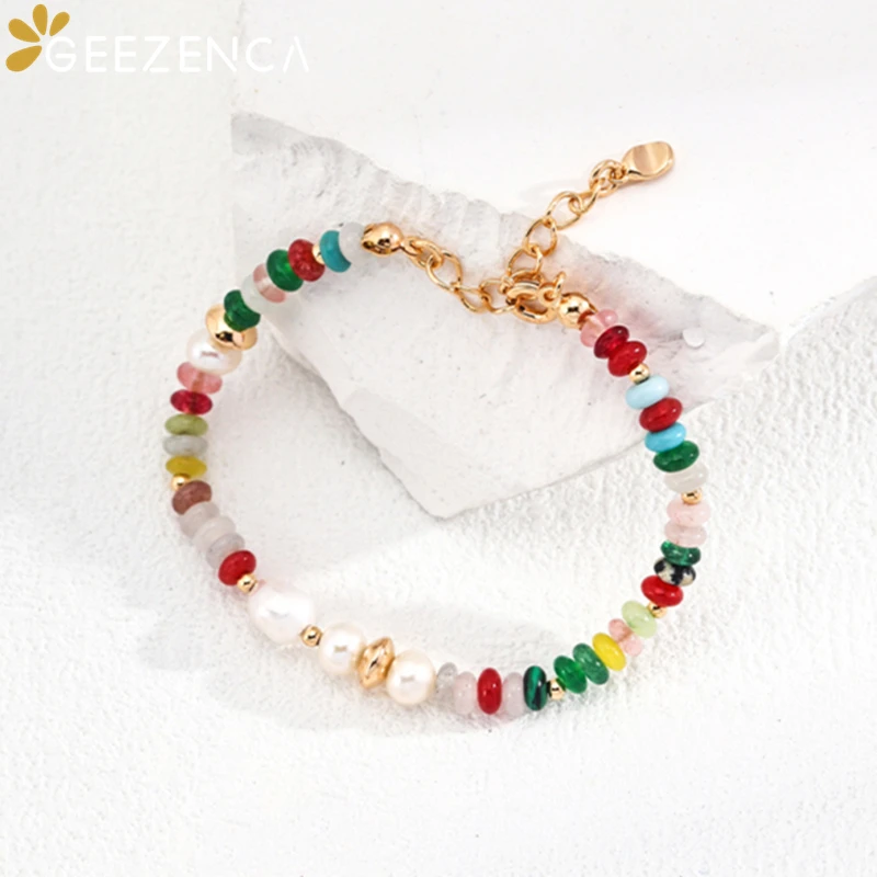 GEEZENCA S925 Silver Pearl Multi Color Stone Beads Strand Bracelet For Women 18K Gold Chic Luxury Bracelets 2024 New Party Gift