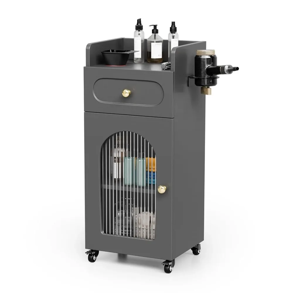 

Trolley Cart Mobile Storage Cabinet with Glass Door & Dryer Holder for Barber