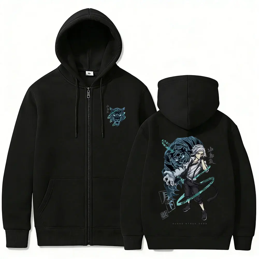 Anime Bungo Stray Dogs Nakajima Atsushi Merch Zipper Hoodie Men Momen Casual Vintage Zip Up Jacket Cosplay Zip Up Sweatshirt Tee
