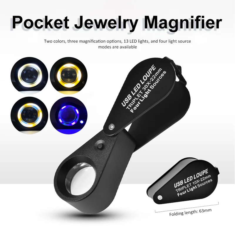 Jewelry Loop Magnifier 10-30X Pocket Jewelry Loupe with White LED & UV Light Small Foldable Magnifier for Coin Gem Stamp Diamond