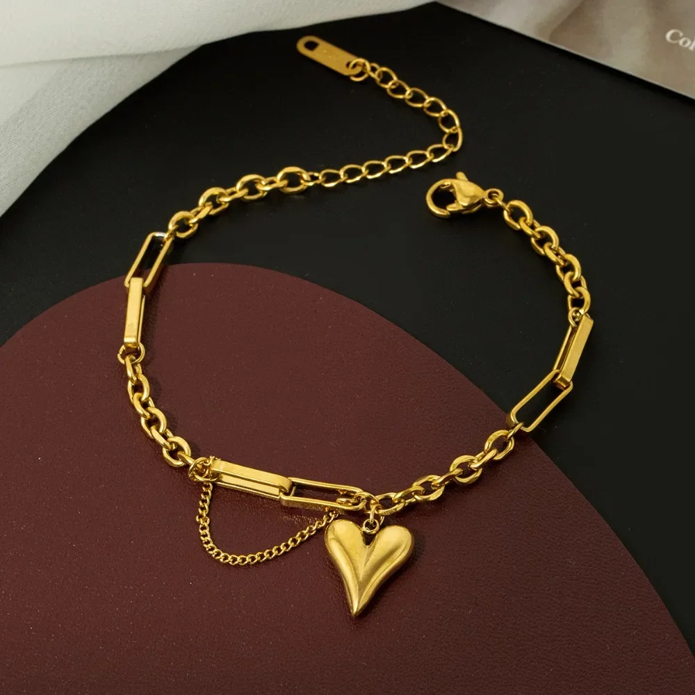 Stainless Steel Charm Gold Color Heart Couple Bracelet for Women Men Sweet Romantic Anniversary Bangle Jewelry Gift Colorfast