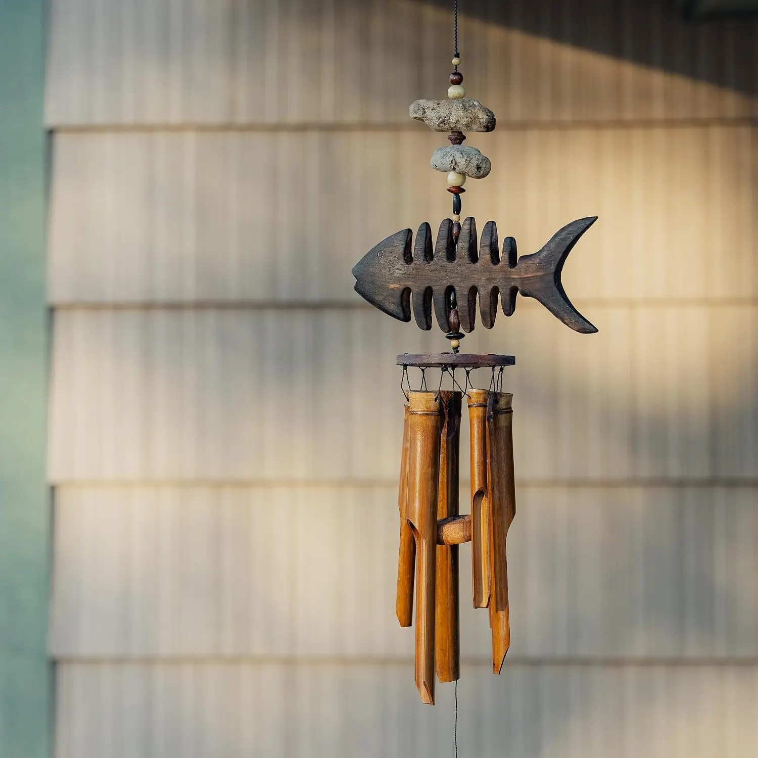 Wind Chime Fish Handcrafted Wooden Bamboo Bone Fish Outdoor Garden Decoration Patio Decor Gift Idea
