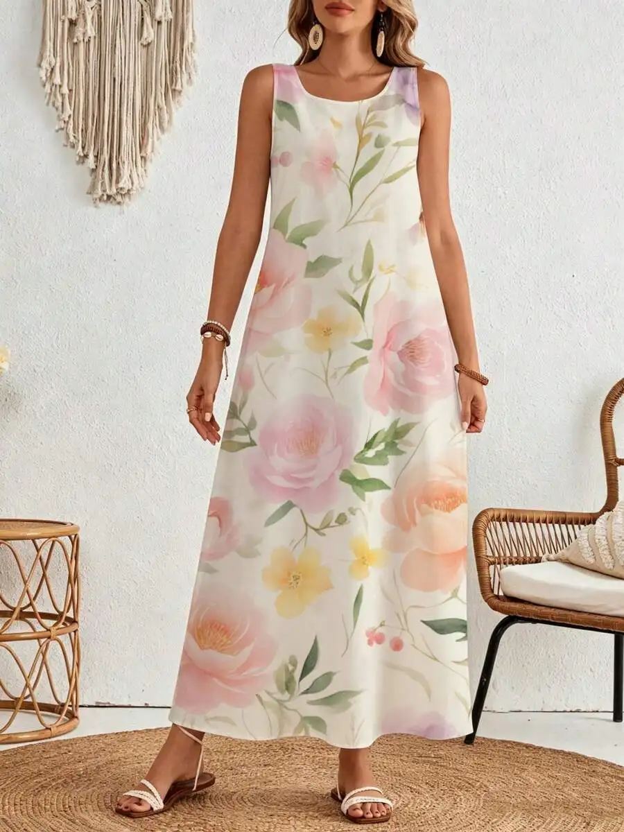 

Floral Print Sleeveless Maxi Dress White Pink Yellow Summer Beach Casual Women